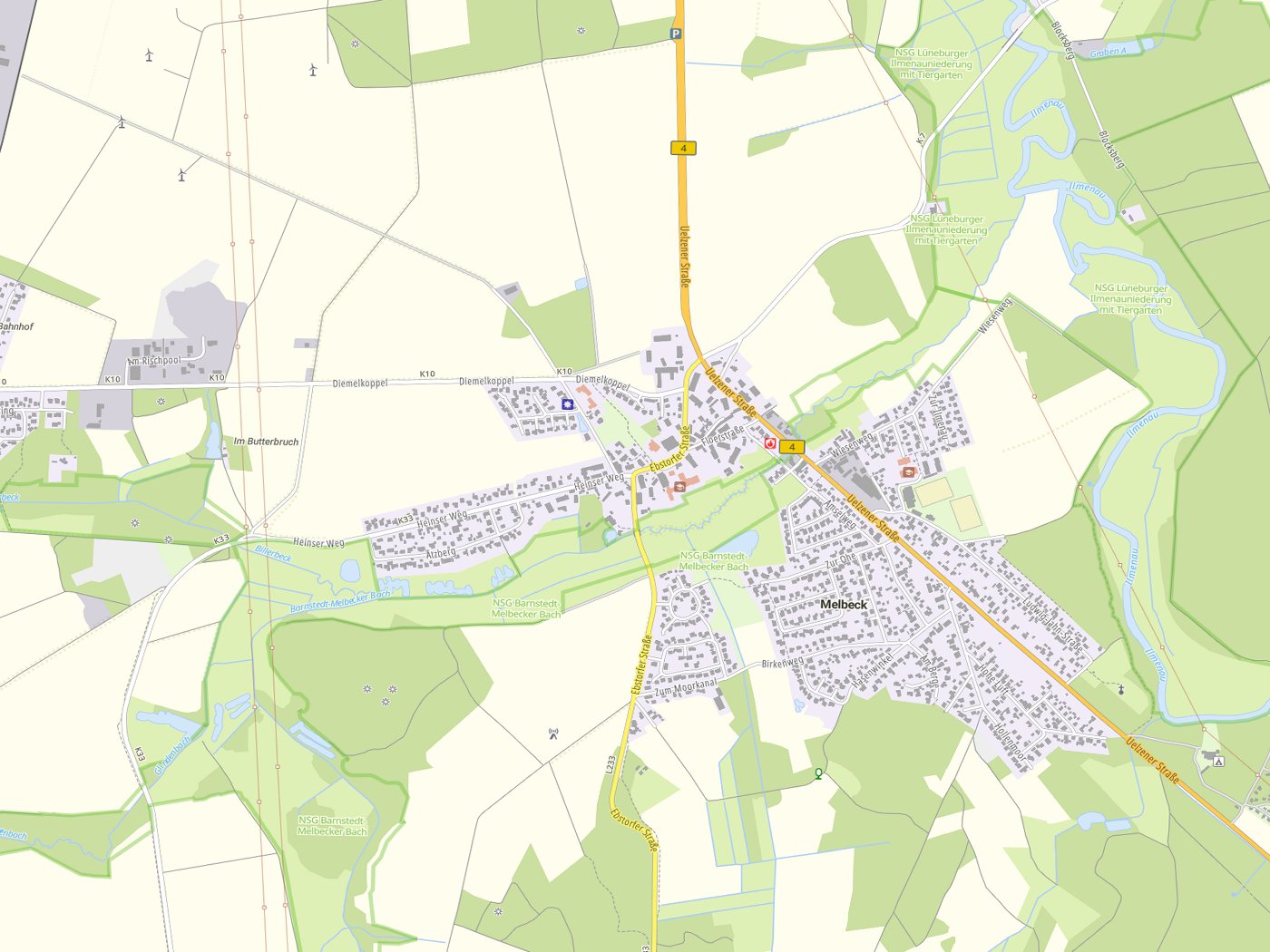 Kartenausschnitt Melbeck mit Gewässern