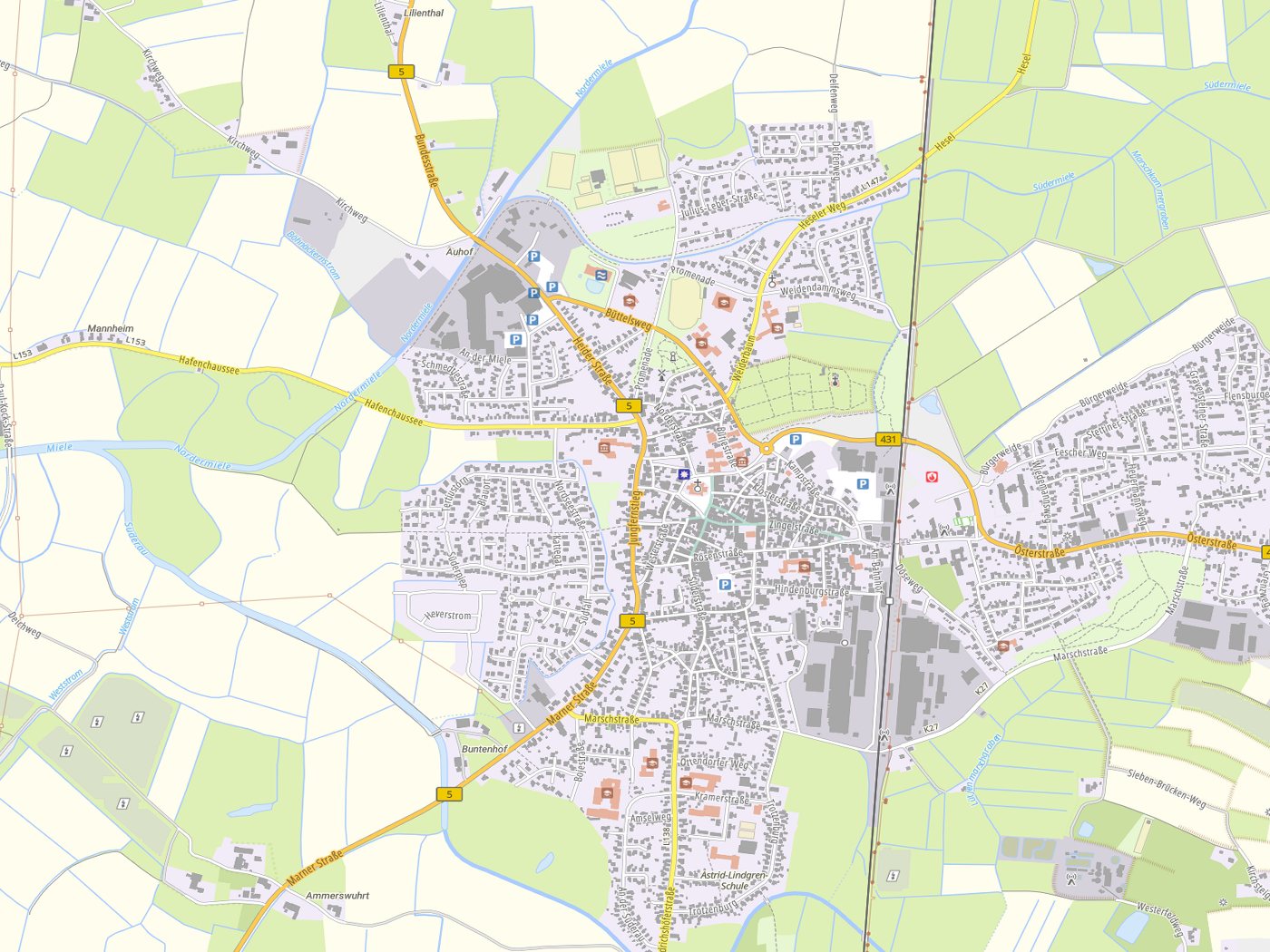 Kartenausschnitt Meldorf mit Gewässern
