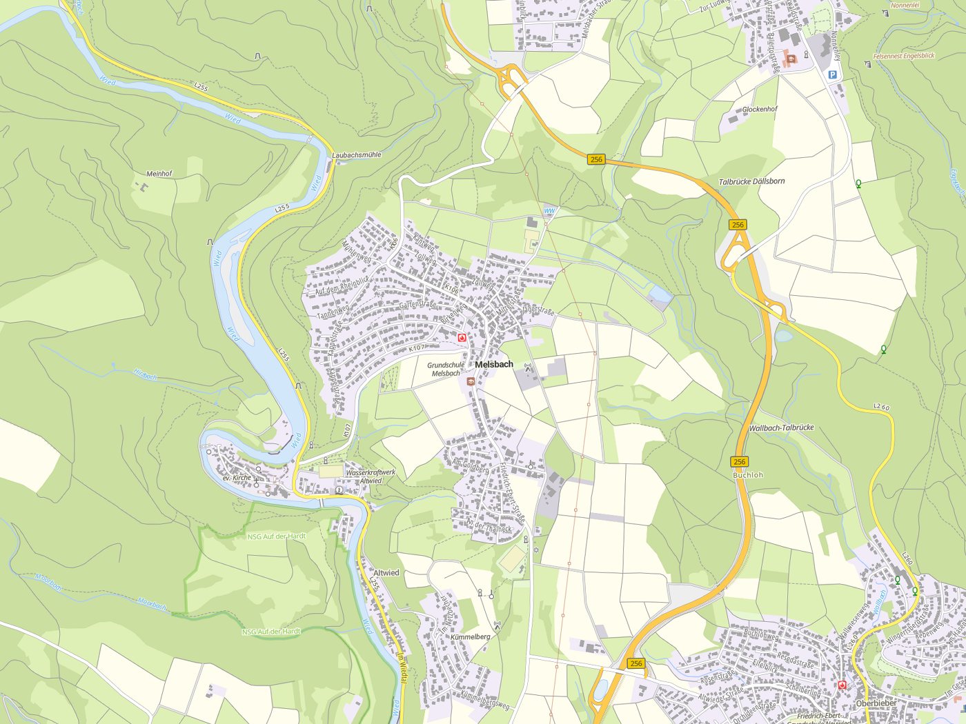 Kartenausschnitt Melsbach mit Gewässern