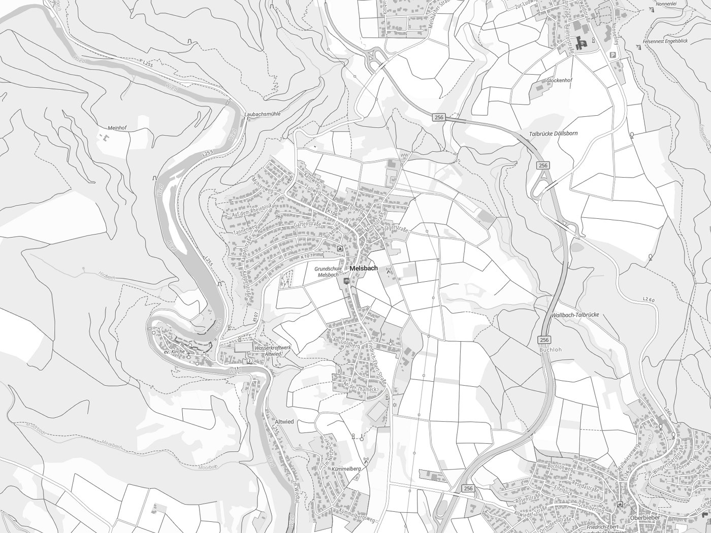 Kartenausschnitt Melsbach mit Gewässern