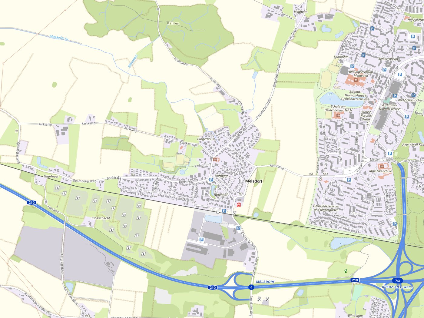 Kartenausschnitt Melsdorf mit Gewässern