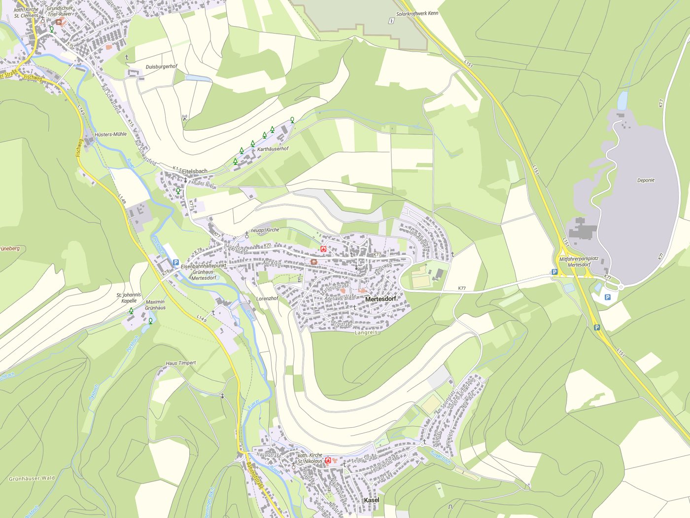 Kartenausschnitt Mertesdorf mit Gewässern