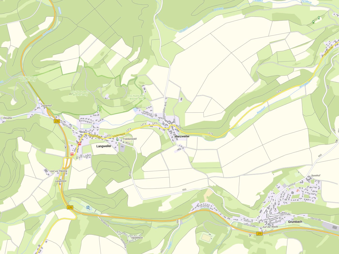 Kartenausschnitt Merzweiler mit Gewässern