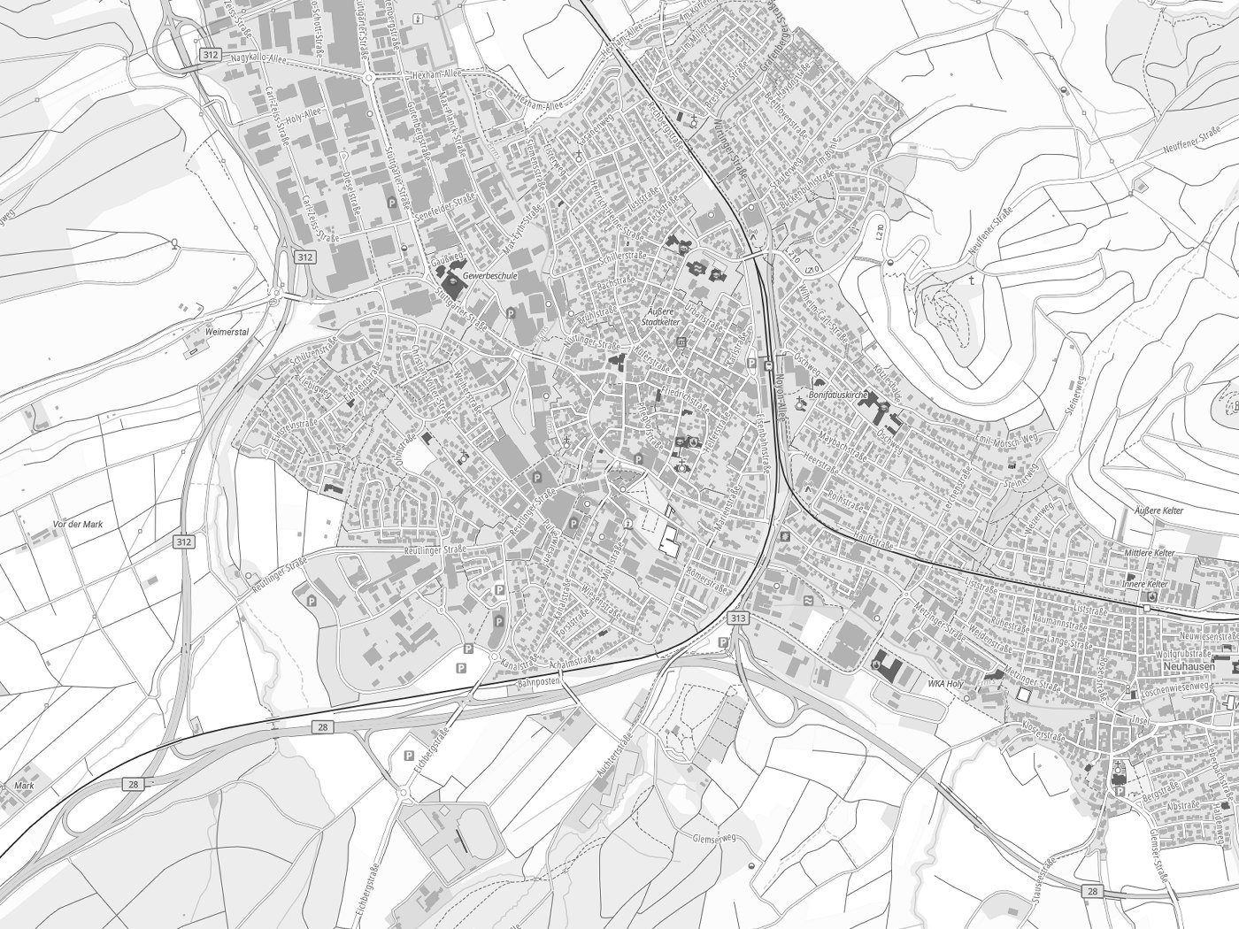 Kartenausschnitt Metzingen mit Gewässern