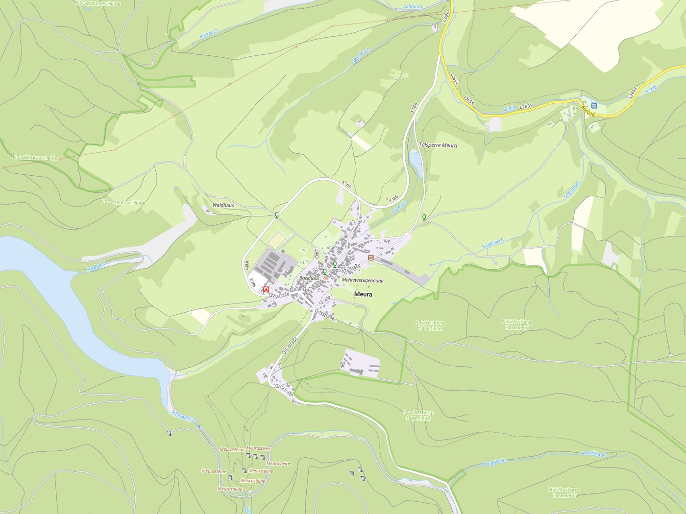 Kartenausschnitt Meura mit Gewässern