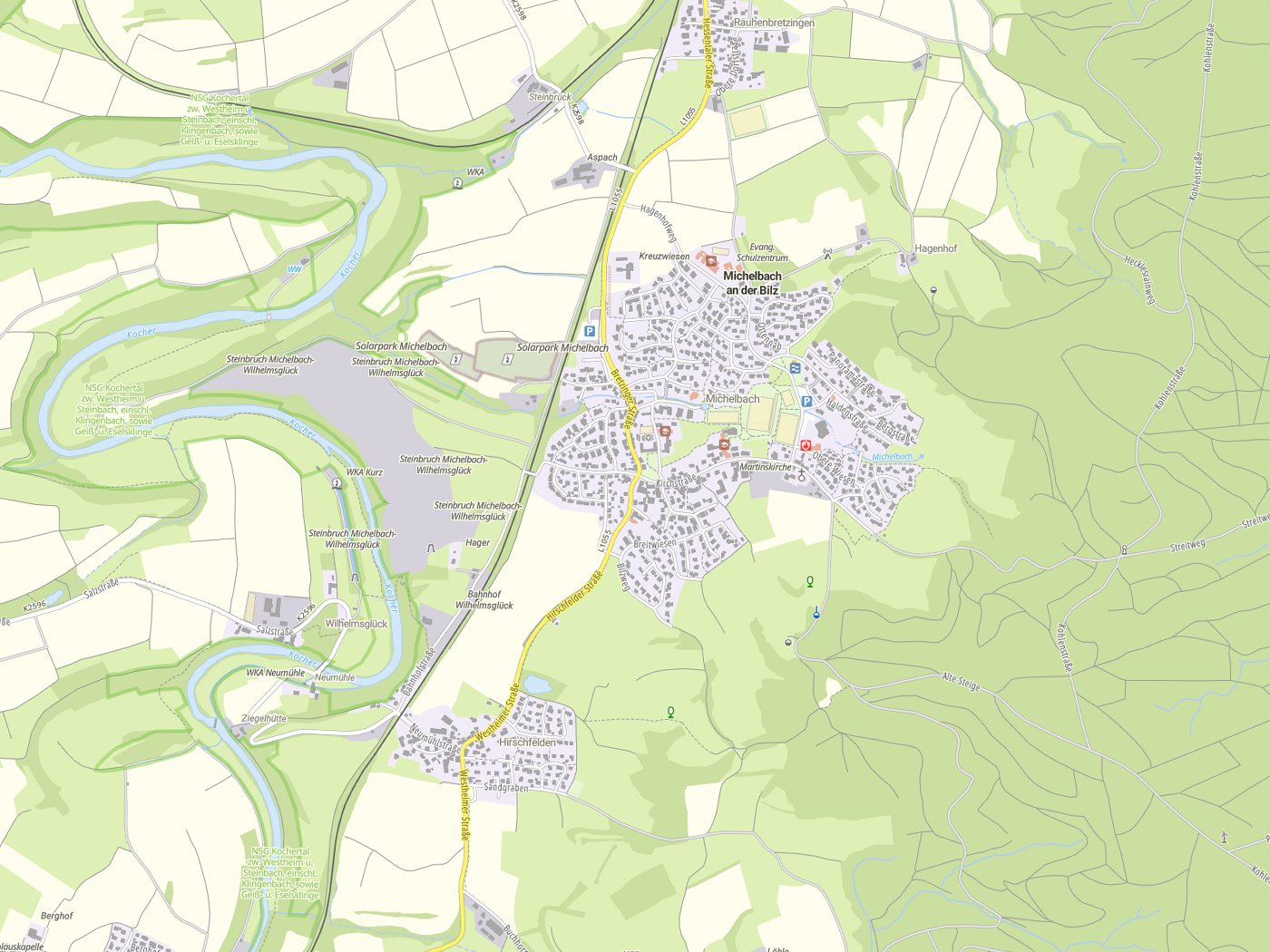 Kartenausschnitt Michelbach an der Bilz mit Gewässern