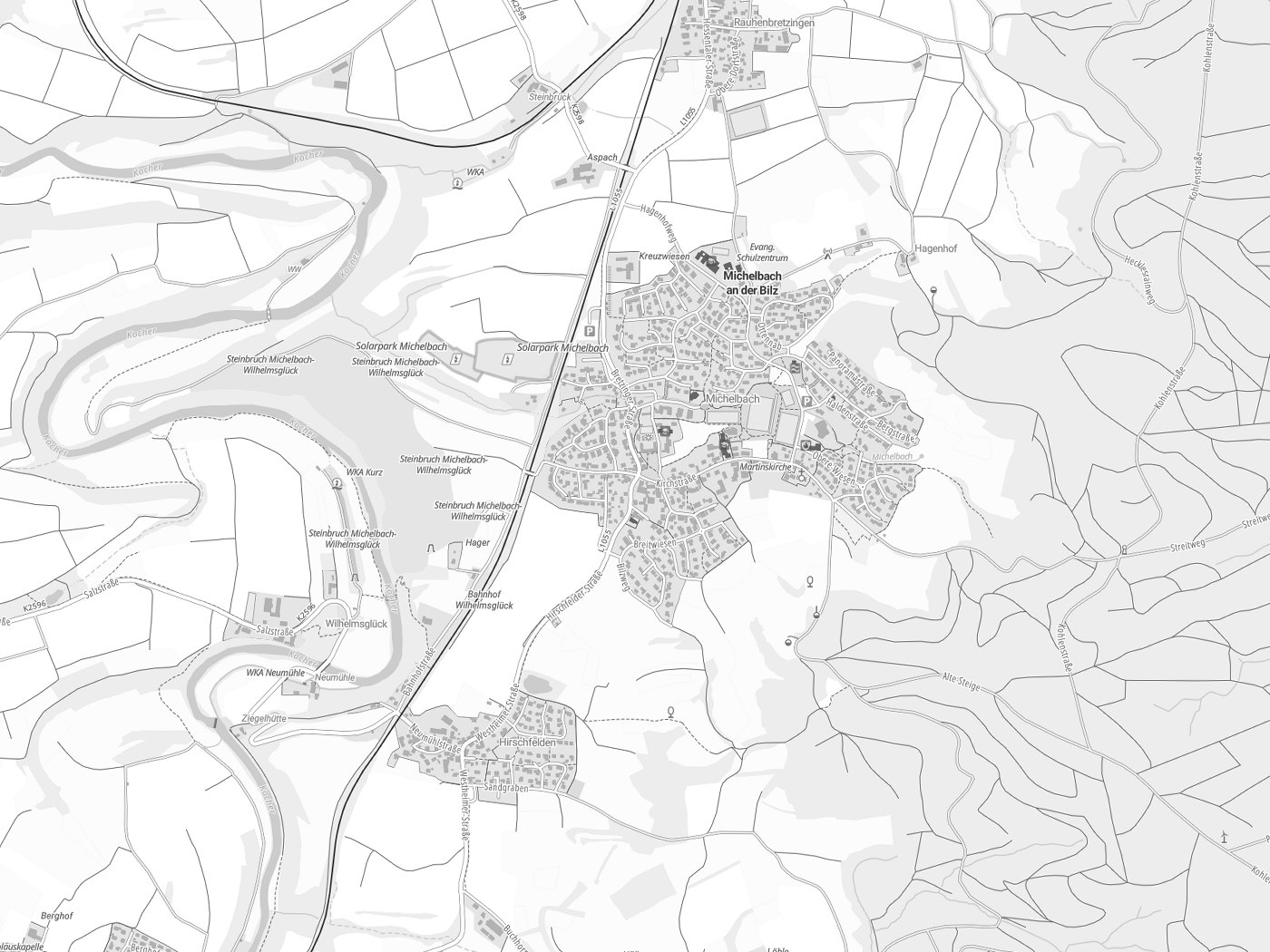 Kartenausschnitt Michelbach an der Bilz mit Gewässern