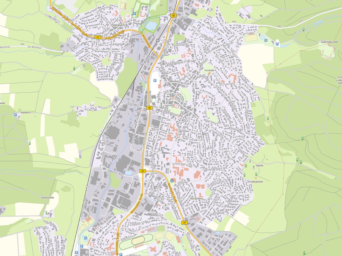 Kartenausschnitt Michelstadt mit Gewässern