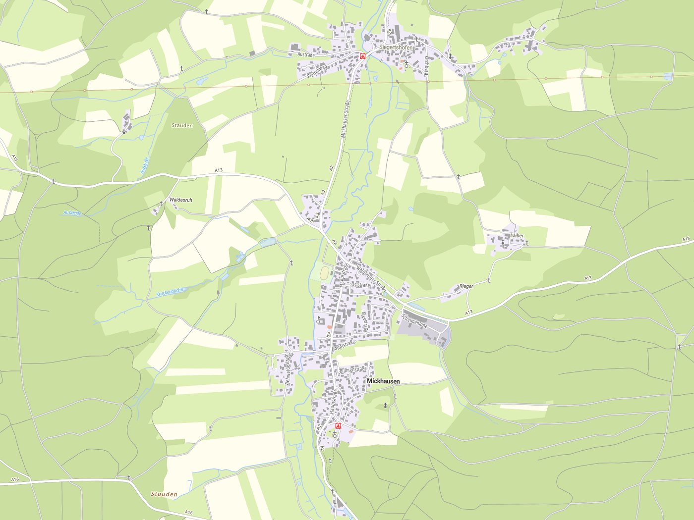 Kartenausschnitt Mickhausen mit Gewässern