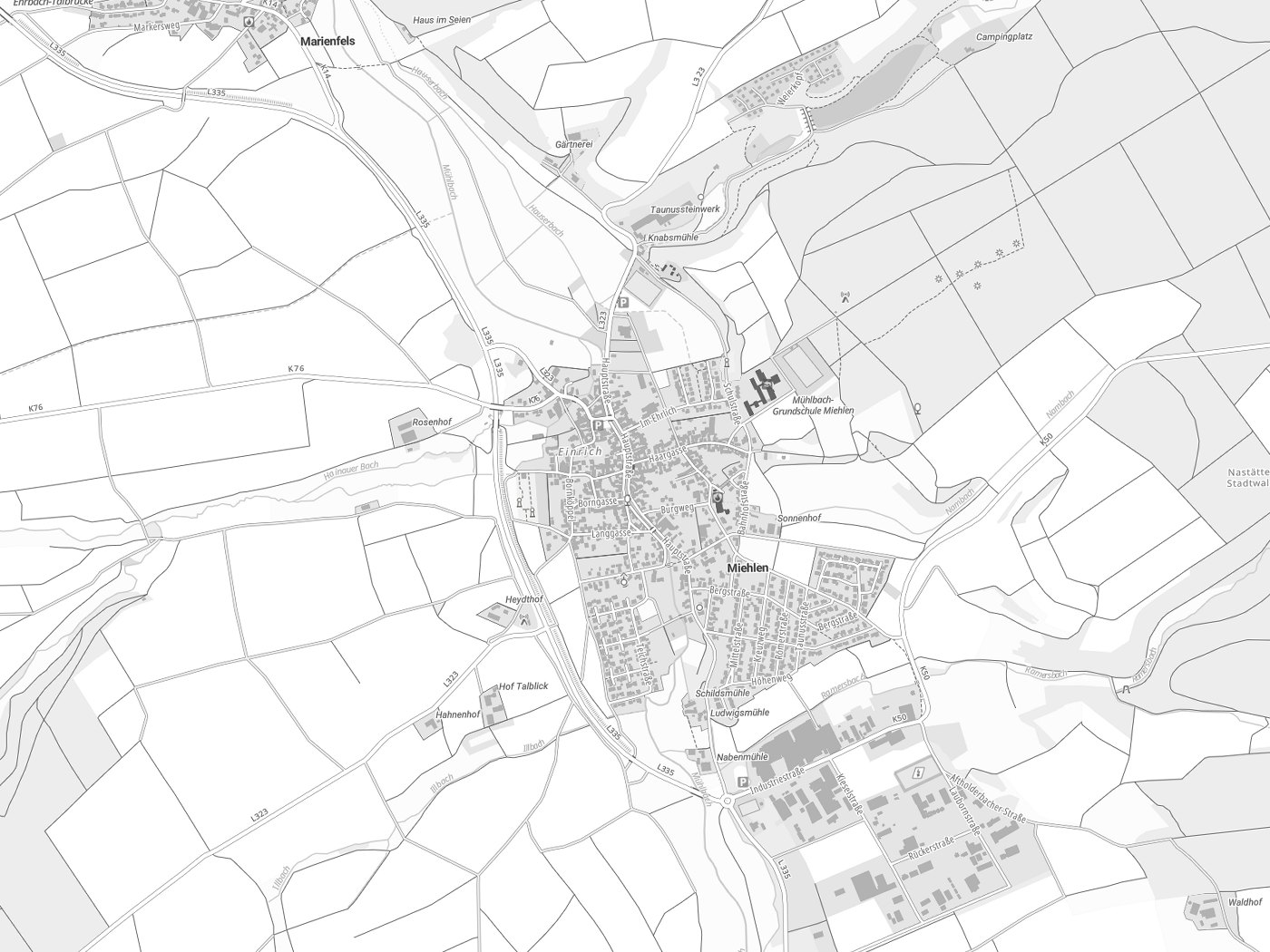 Kartenausschnitt Miehlen mit Gewässern