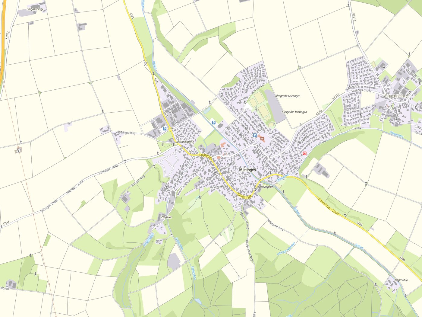Kartenausschnitt Mietingen mit Gewässern