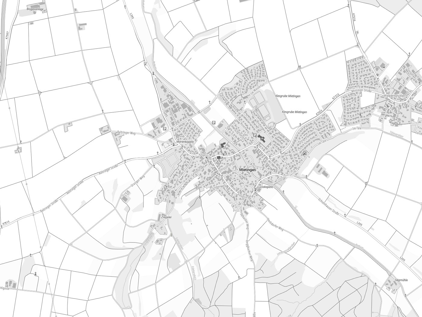 Kartenausschnitt Mietingen mit Gewässern