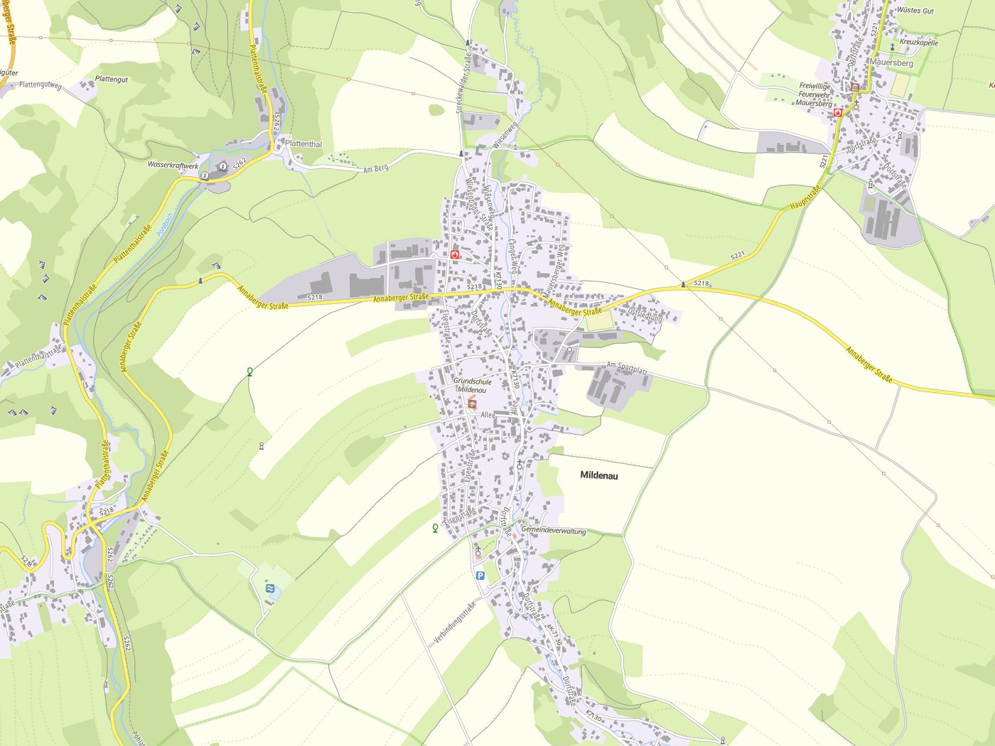 Kartenausschnitt Mildenau mit Gewässern
