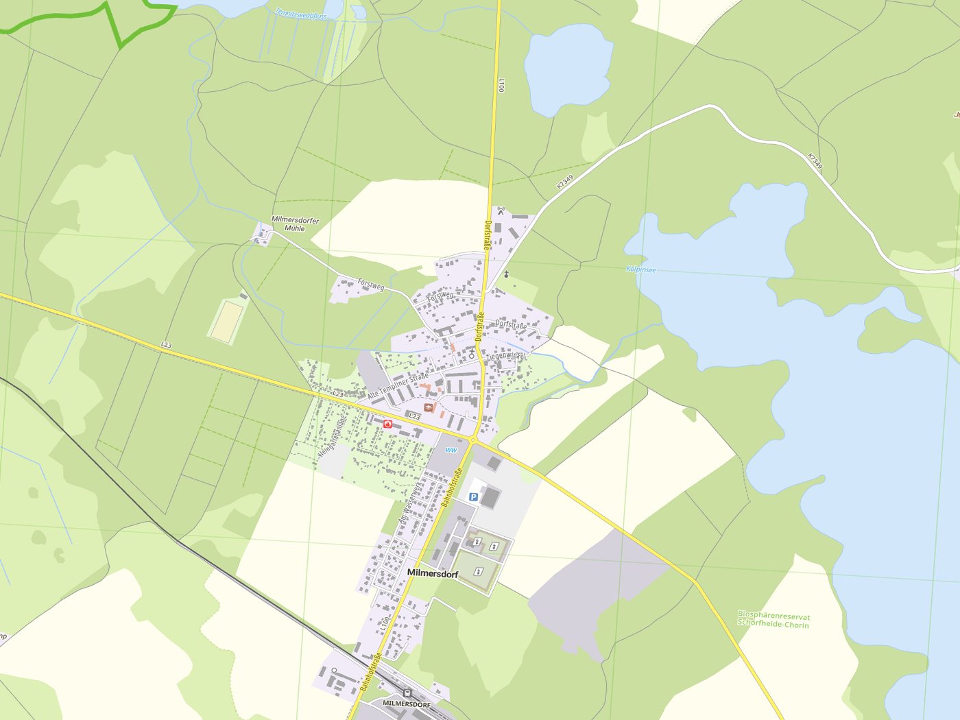 Kartenausschnitt Milmersdorf mit Gewässern