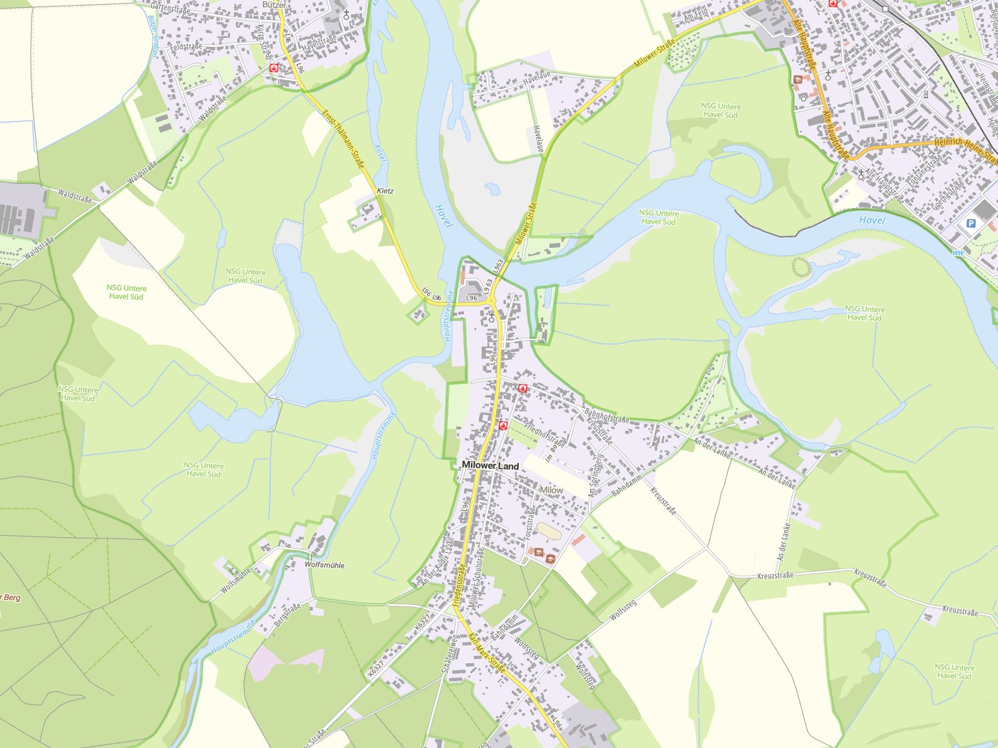 Kartenausschnitt Milower Land mit Gewässern