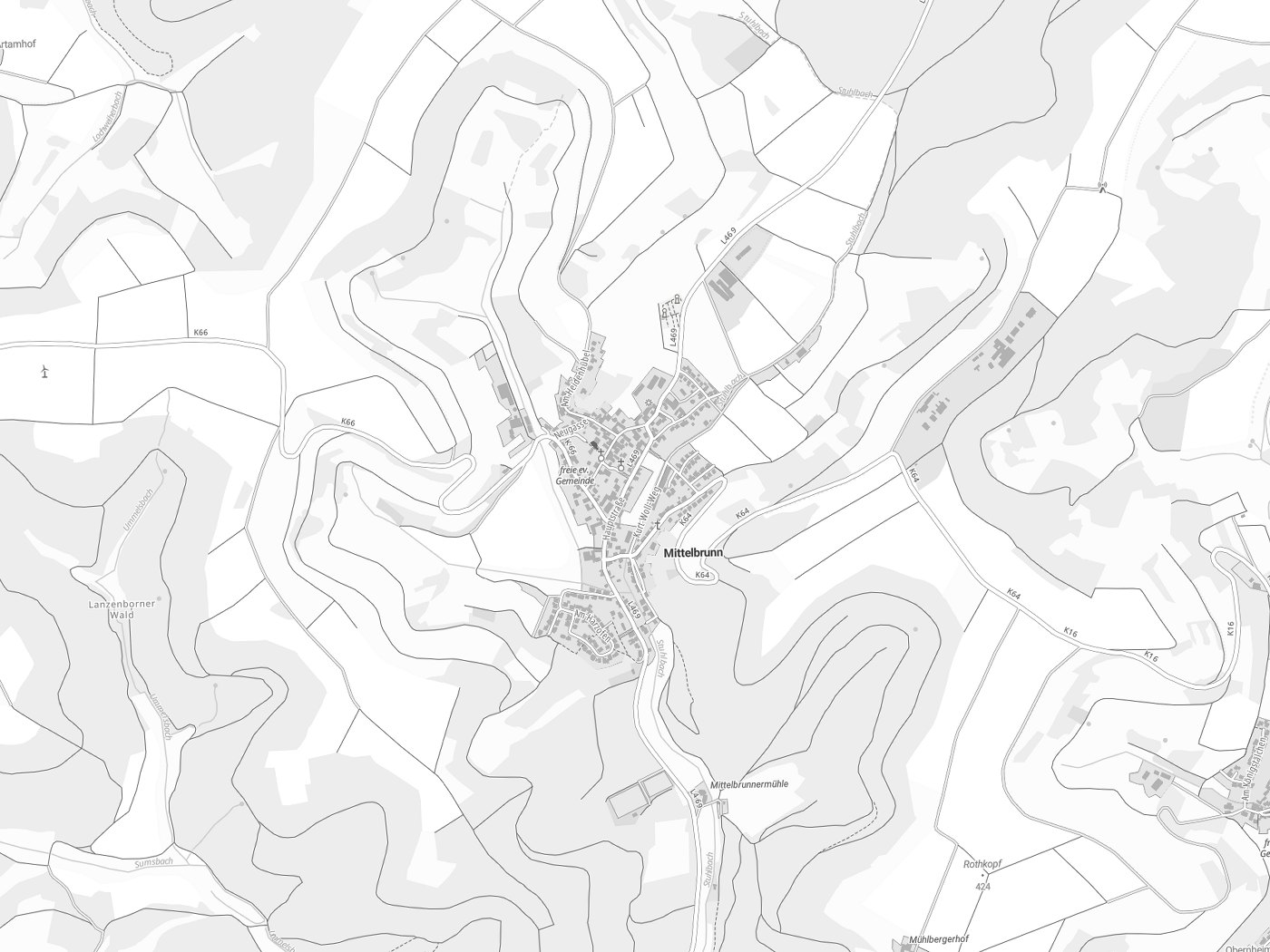 Kartenausschnitt Mittelbrunn mit Gewässern