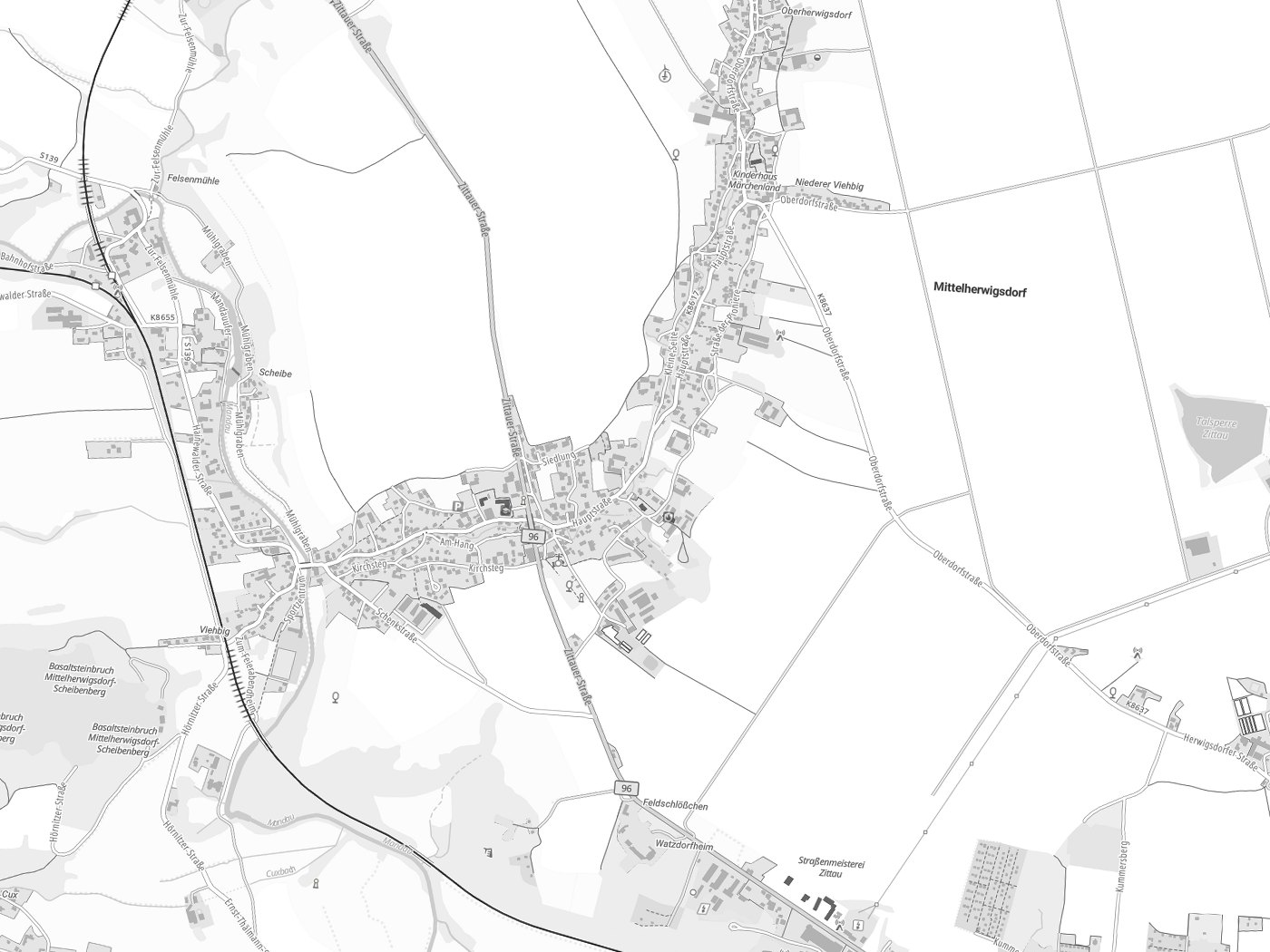 Kartenausschnitt Mittelherwigsdorf mit Gewässern