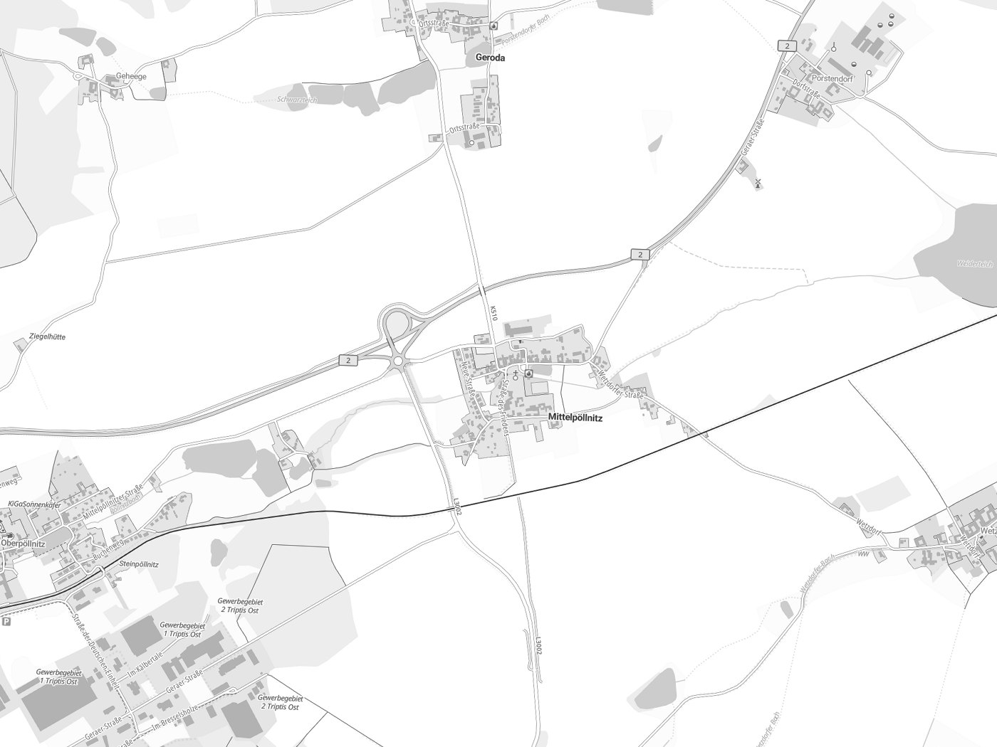 Kartenausschnitt Mittelpöllnitz mit Gewässern