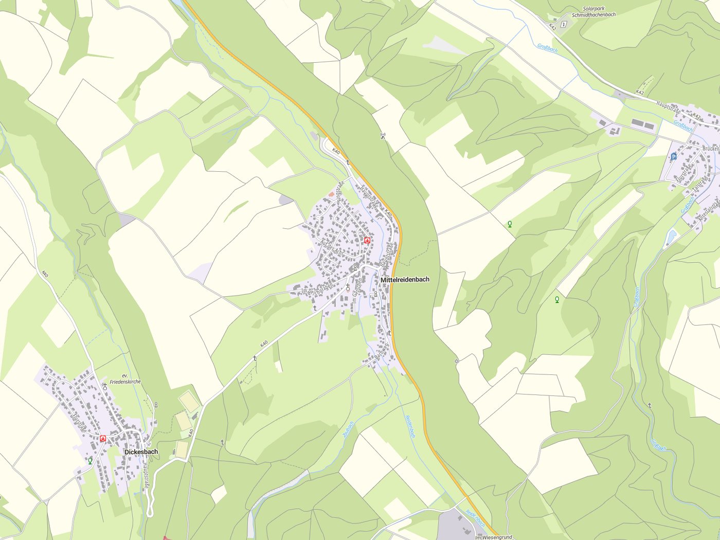Kartenausschnitt Mittelreidenbach mit Gewässern