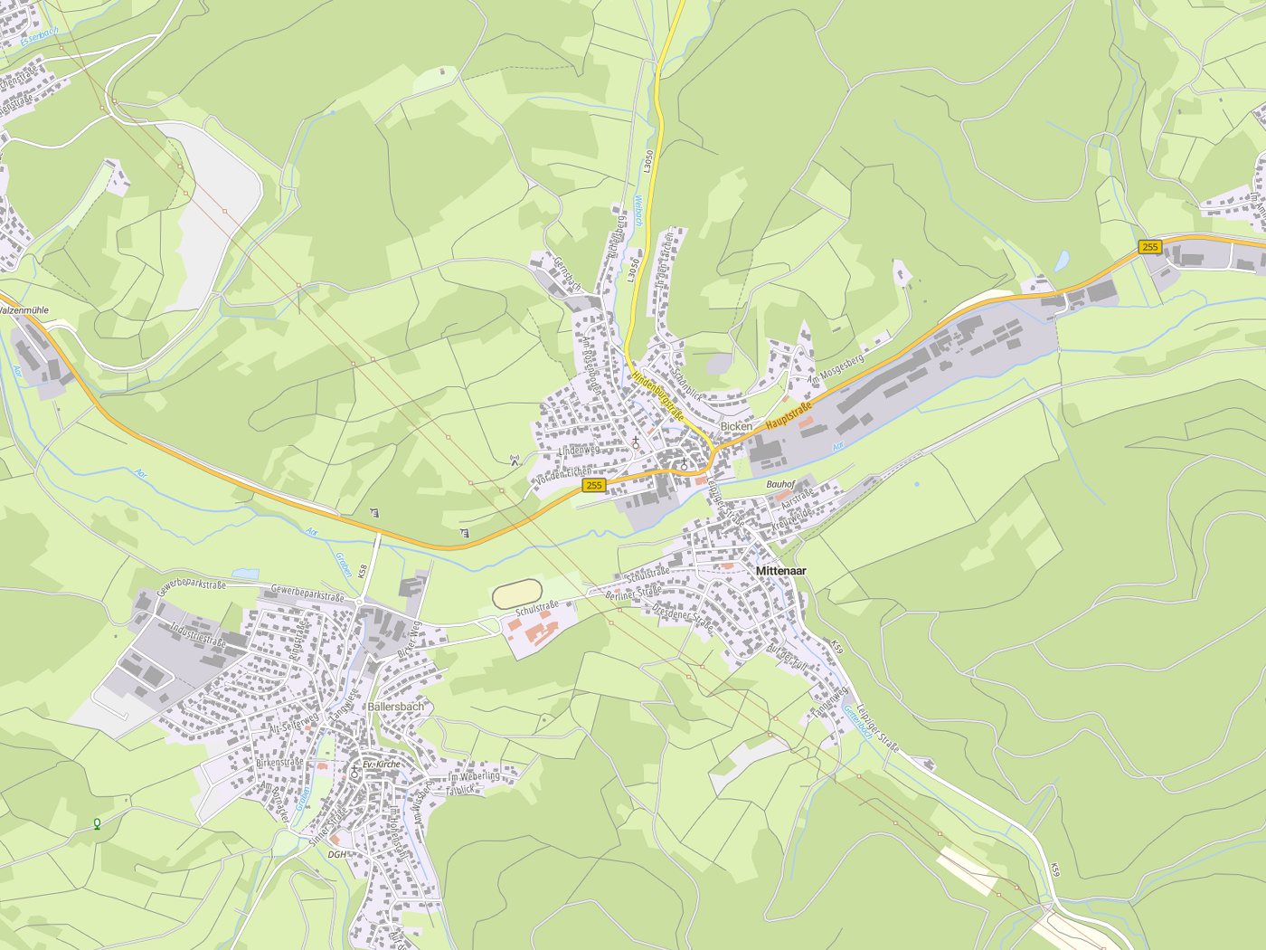 Kartenausschnitt Mittenaar mit Gewässern