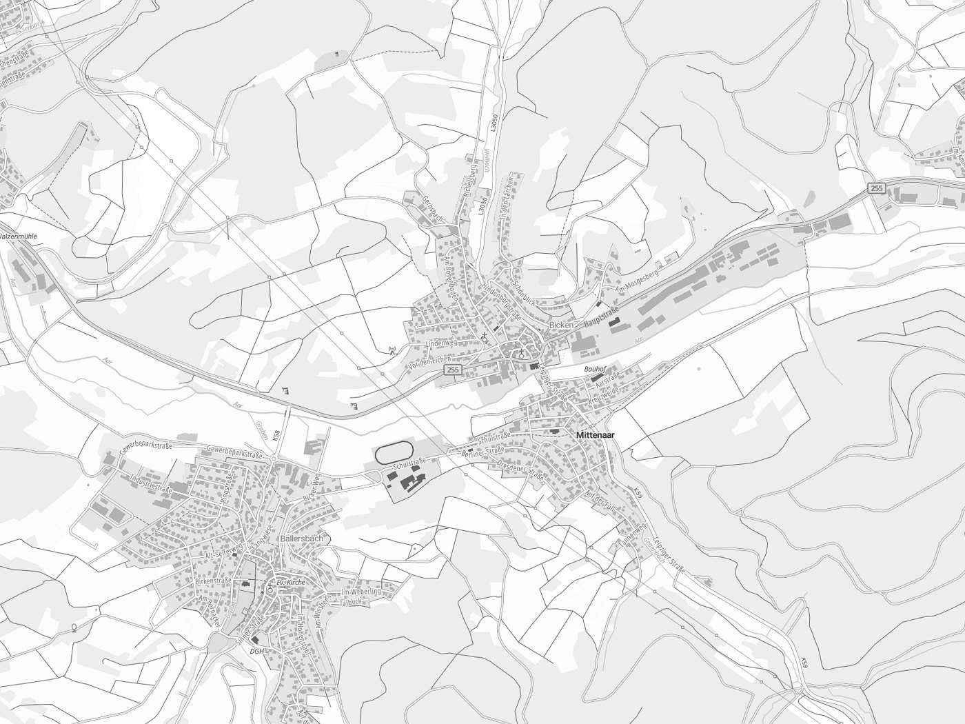 Kartenausschnitt Mittenaar mit Gewässern