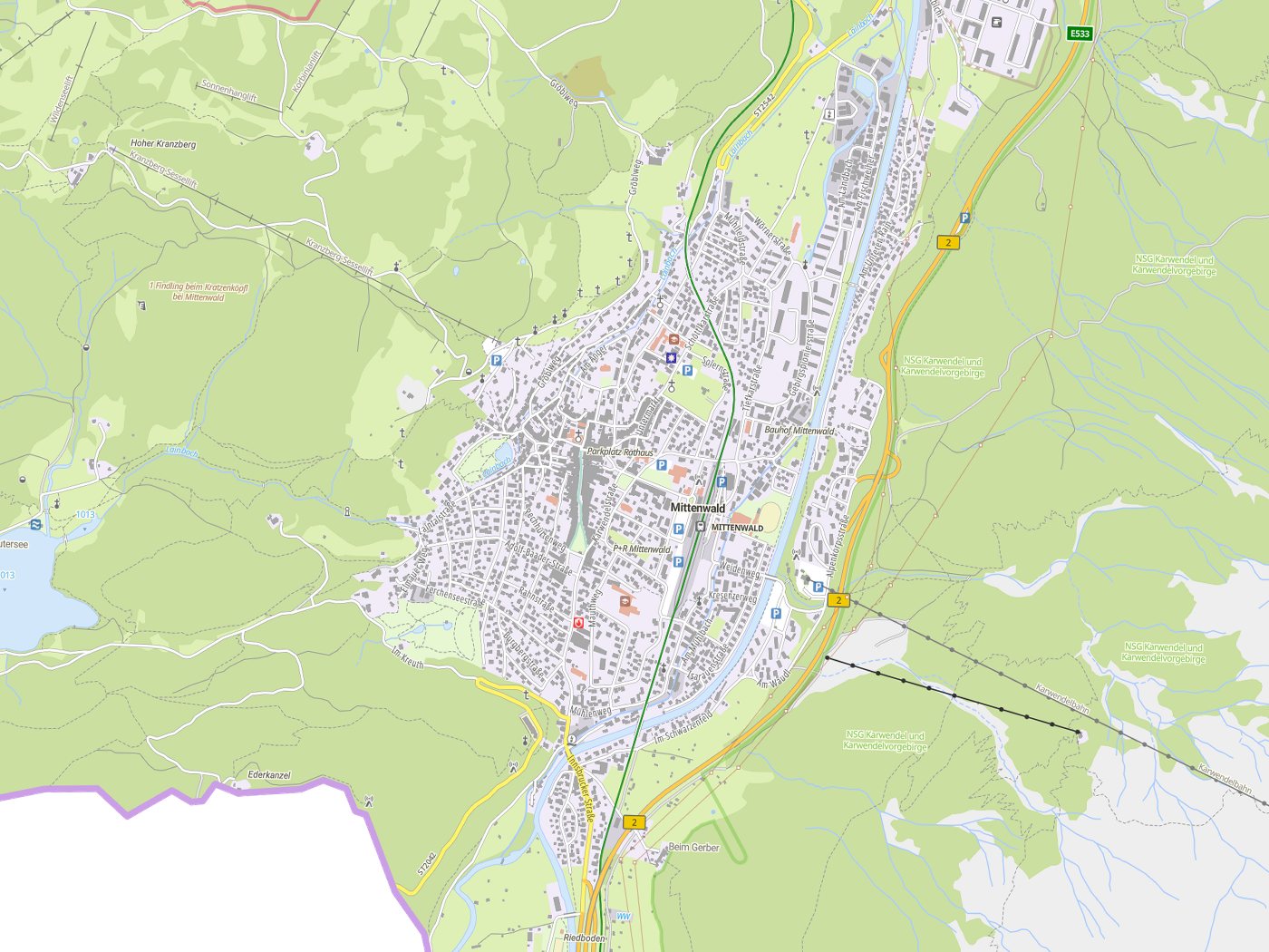 Kartenausschnitt Mittenwald mit Gewässern