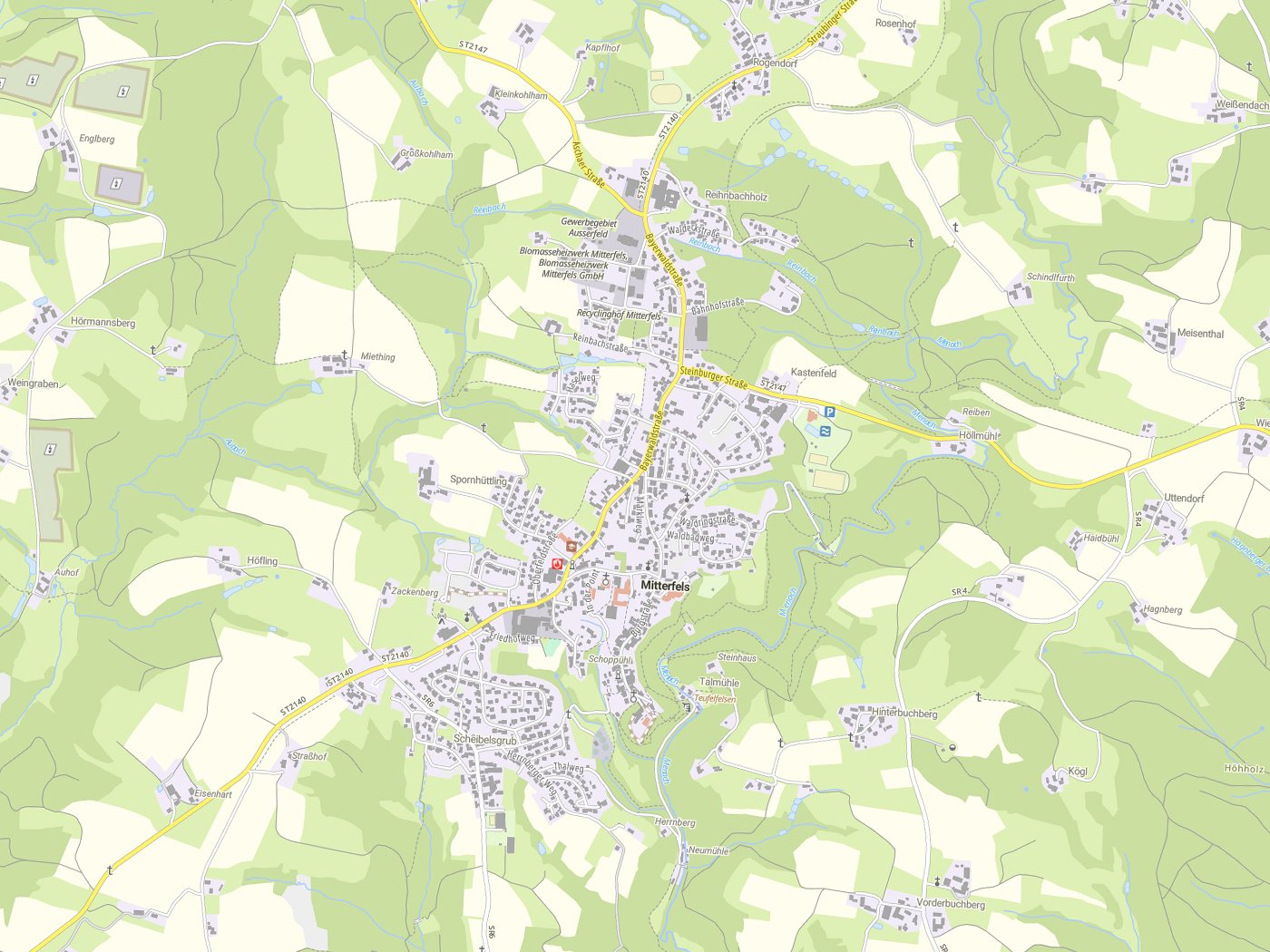 Kartenausschnitt Mitterfels mit Gewässern