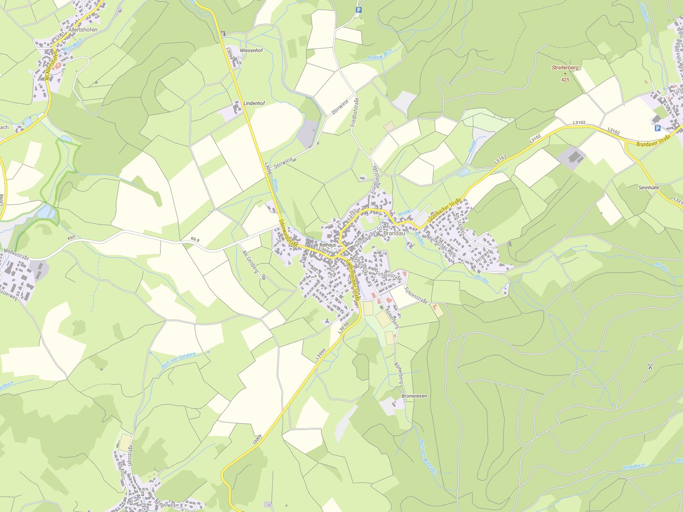 Kartenausschnitt Modautal mit Gewässern