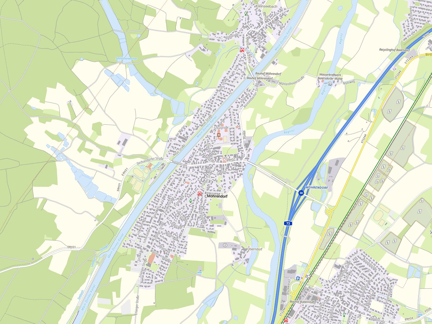 Kartenausschnitt Möhrendorf mit Gewässern