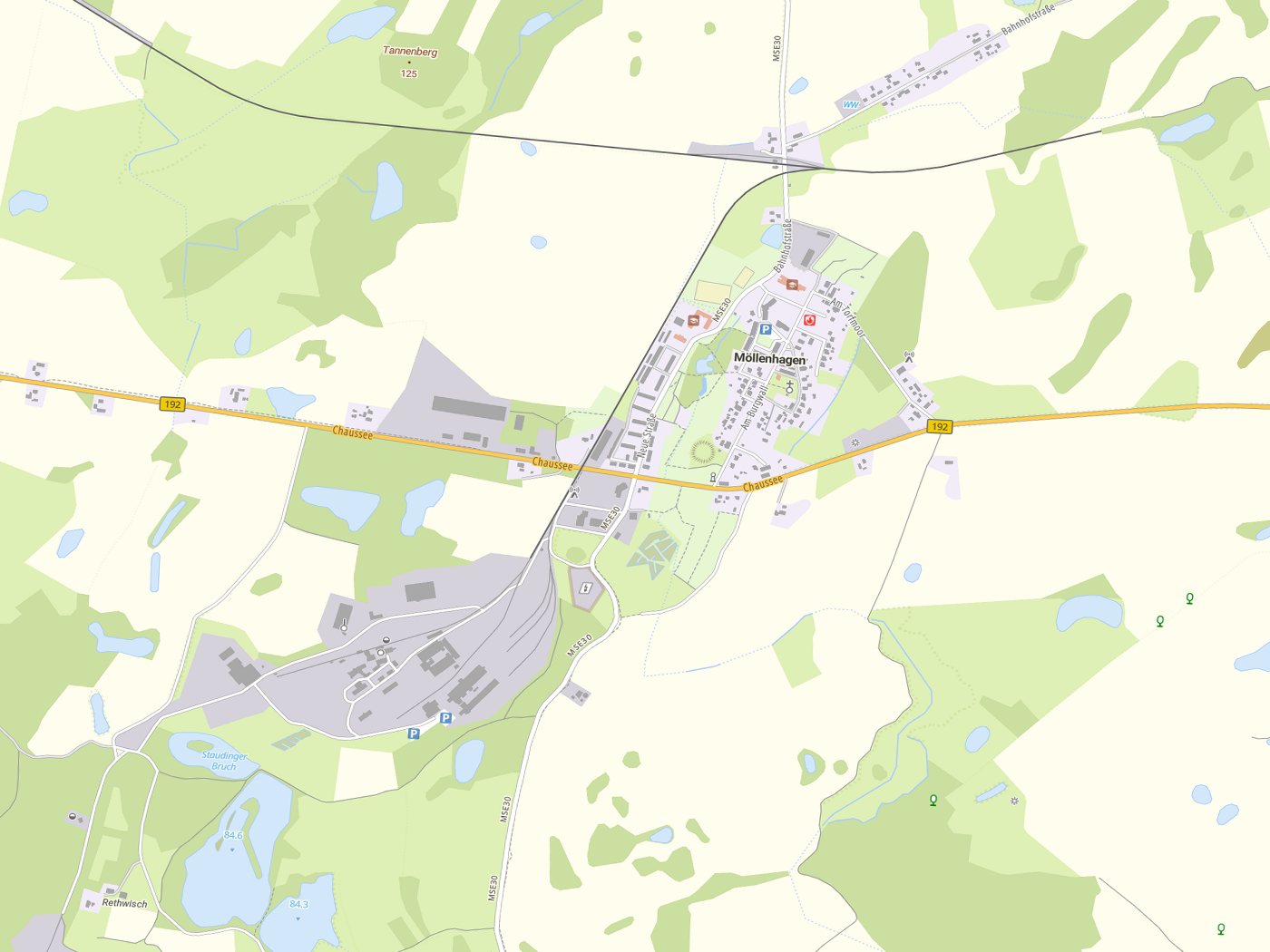 Kartenausschnitt Möllenhagen mit Gewässern