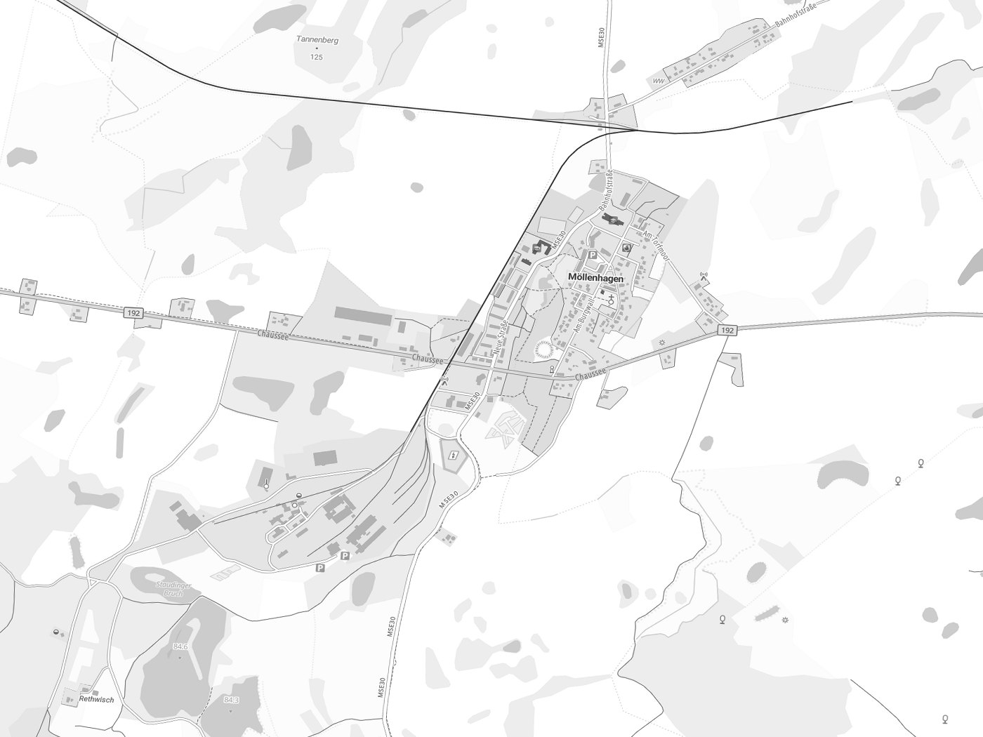 Kartenausschnitt Möllenhagen mit Gewässern