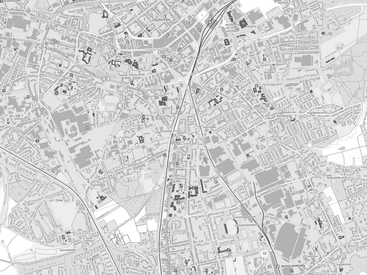 Kartenausschnitt Mönchengladbach mit Gewässern