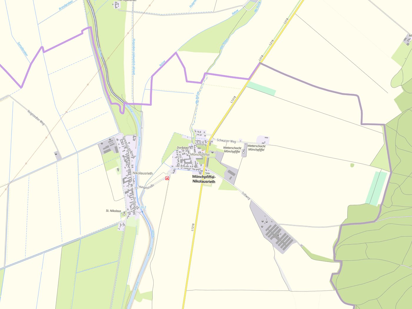 Kartenausschnitt Mönchpfiffel-Nikolausrieth mit Gewässern
