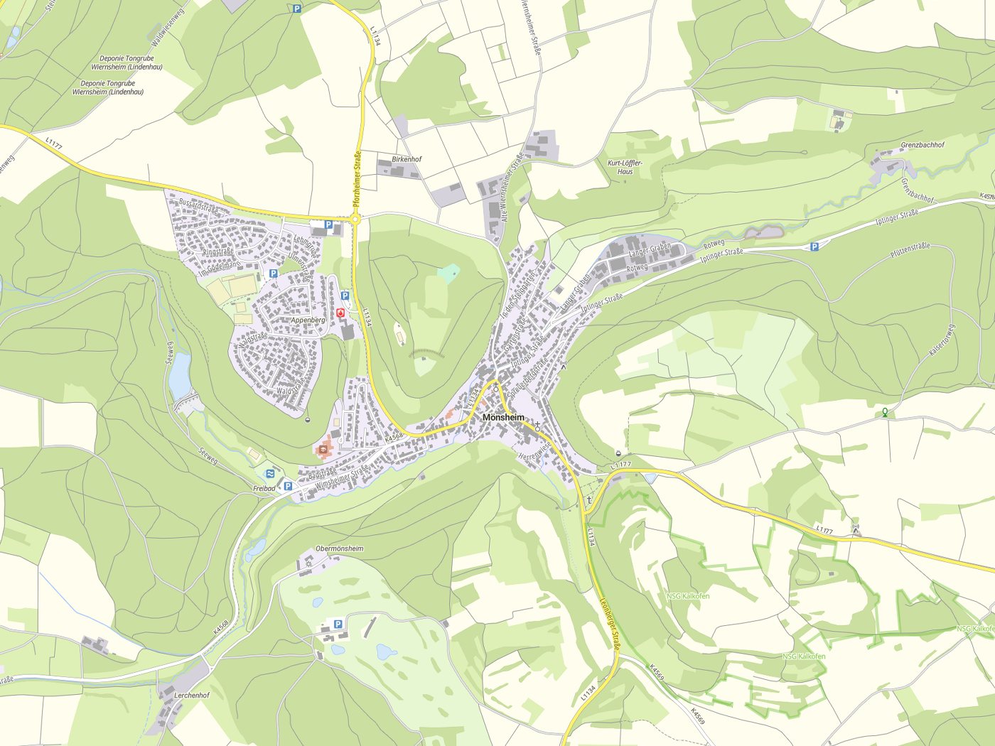 Kartenausschnitt Mönsheim mit Gewässern