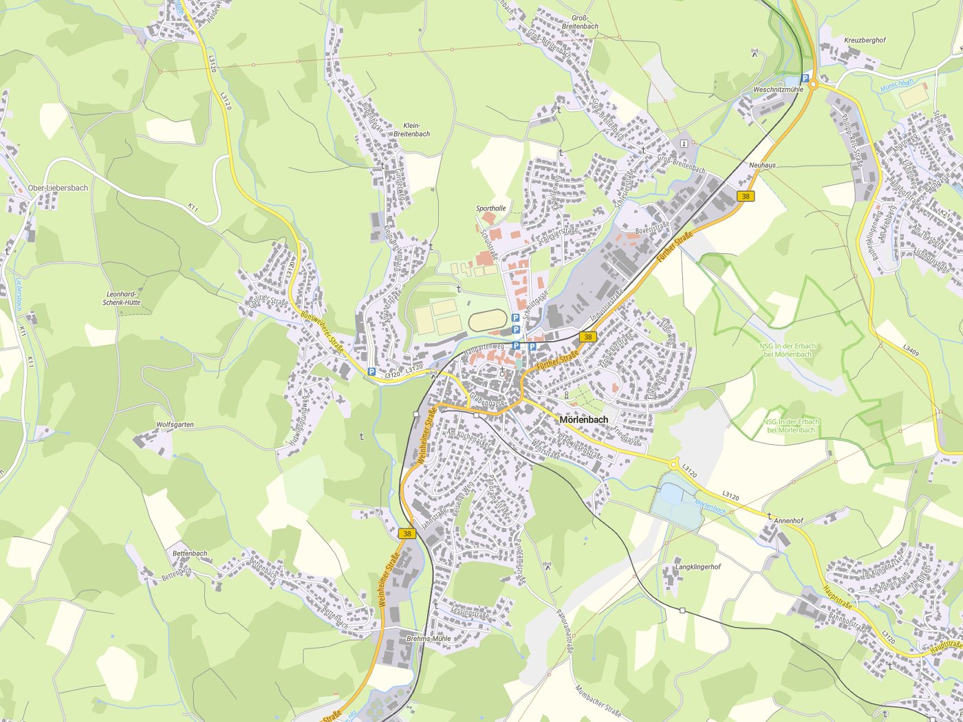 Kartenausschnitt Mörlenbach mit Gewässern
