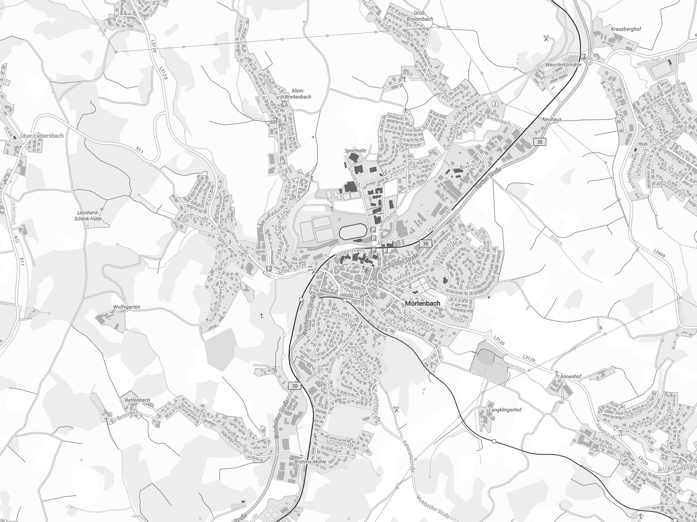 Kartenausschnitt Mörlenbach mit Gewässern