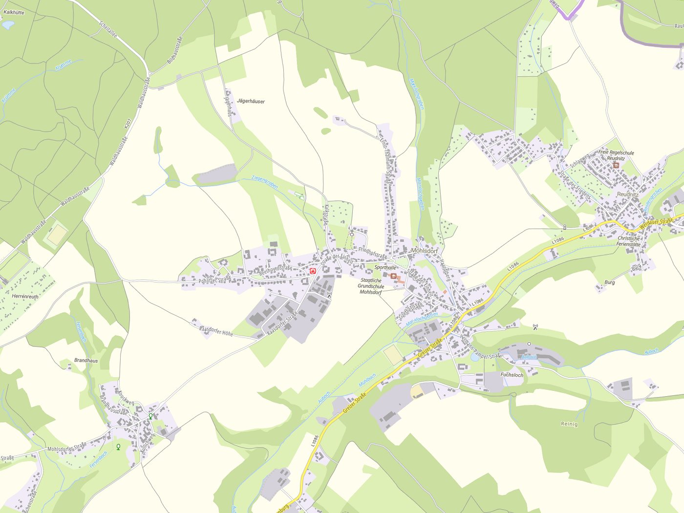 Kartenausschnitt Mohlsdorf-Teichwolframsdorf mit Gewässern