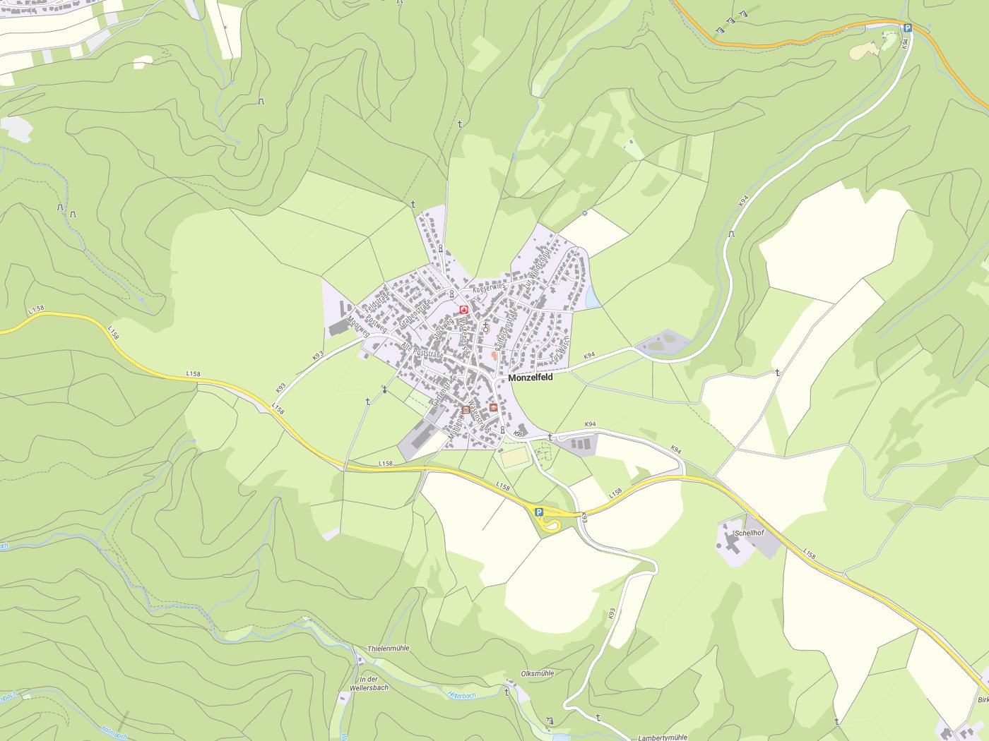 Kartenausschnitt Monzelfeld mit Gewässern