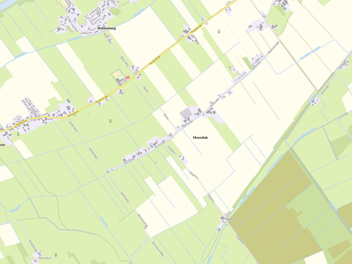 Kartenausschnitt Moordiek mit Gewässern