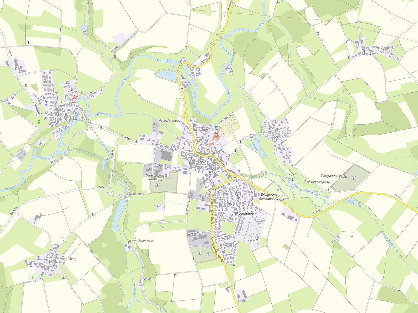 Kartenausschnitt Moosbach mit Gewässern