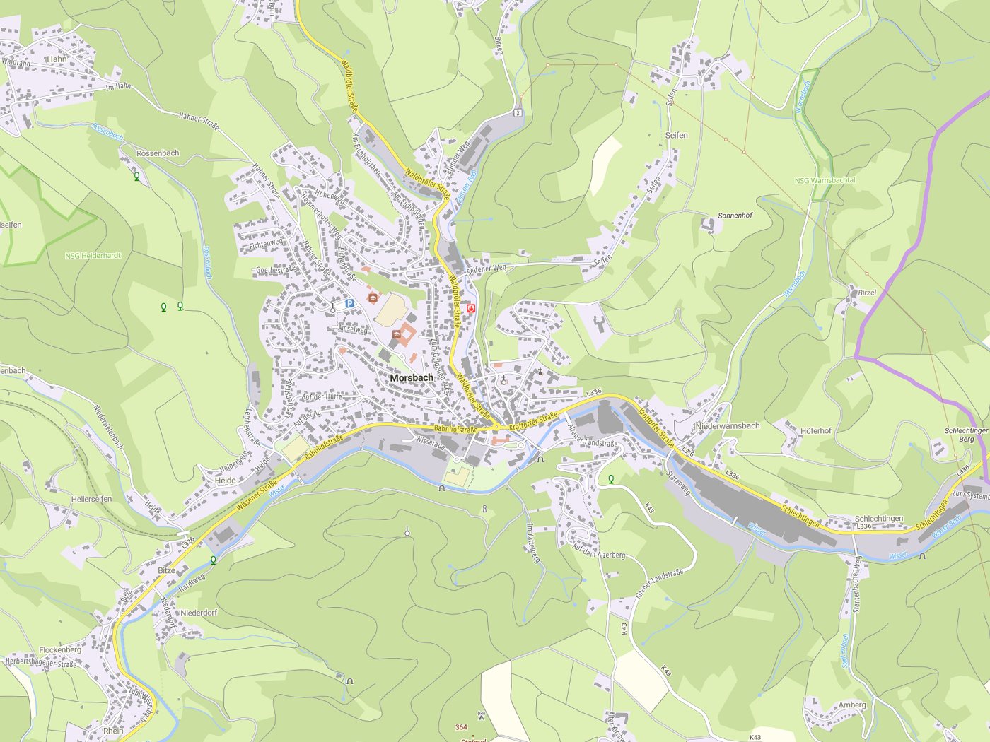 Kartenausschnitt Morsbach mit Gewässern