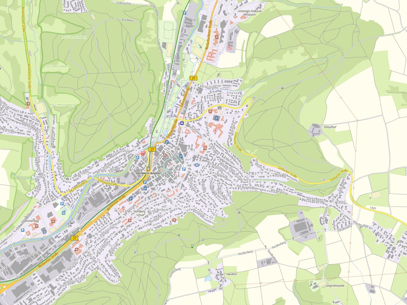 Kartenausschnitt Mosbach mit Gewässern
