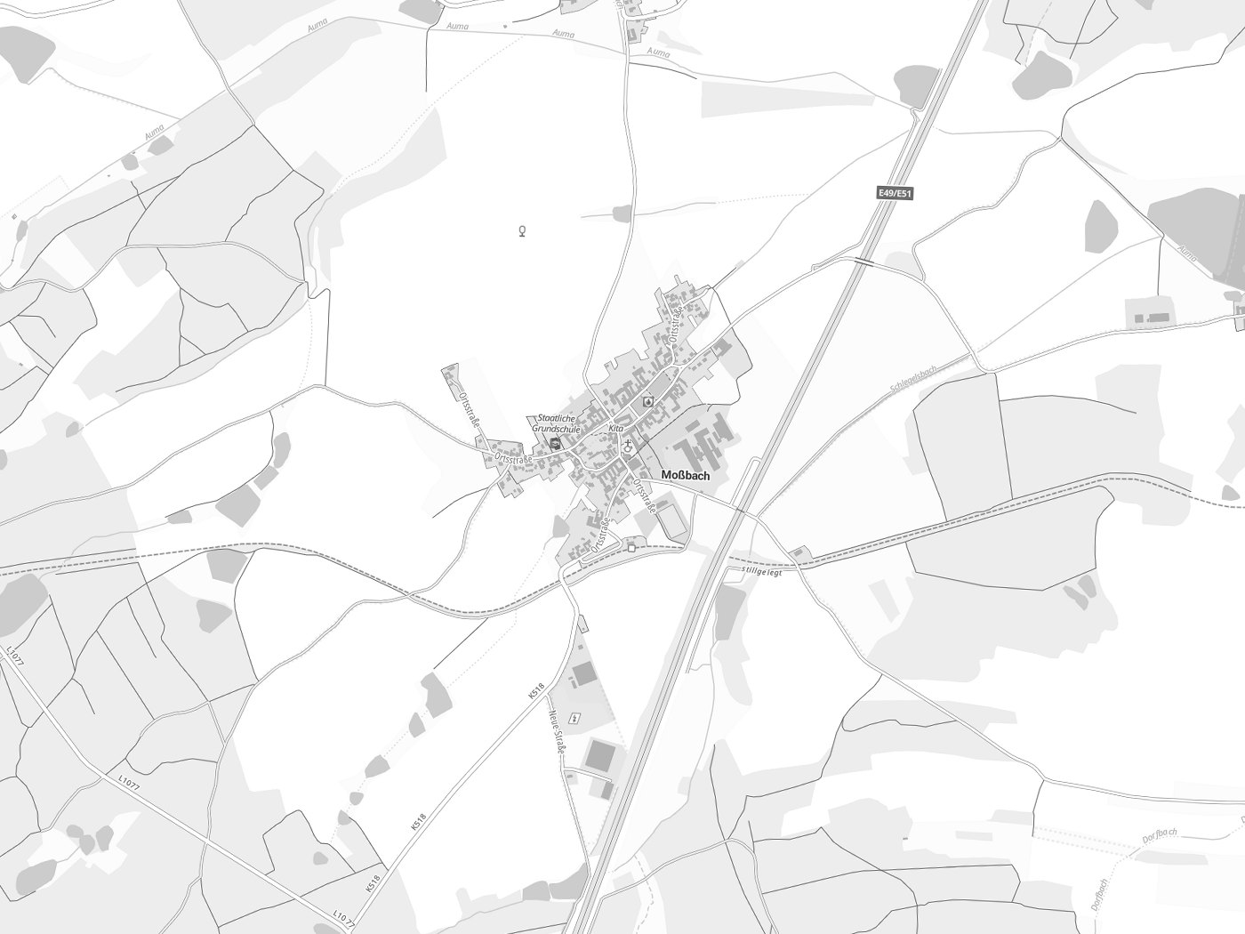 Kartenausschnitt Moßbach mit Gewässern