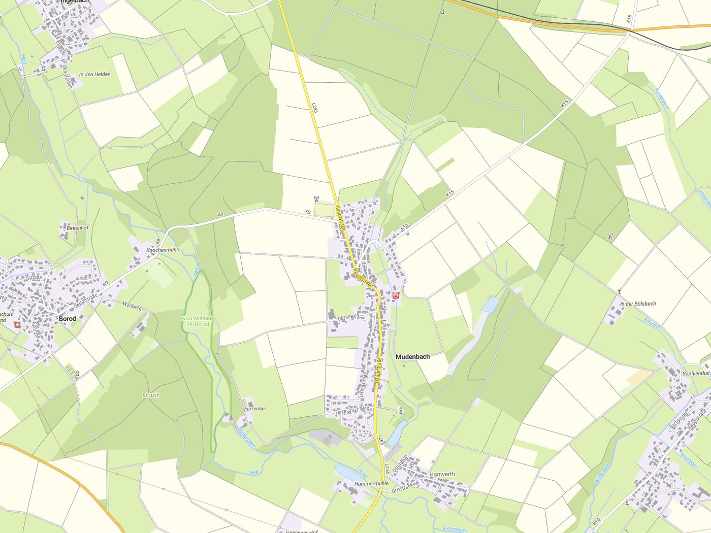 Kartenausschnitt Mudenbach mit Gewässern