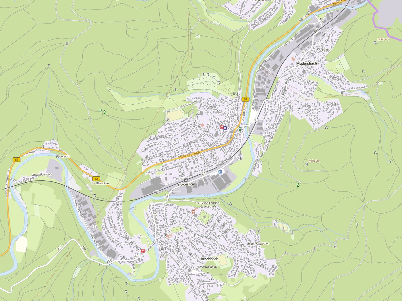 Kartenausschnitt Mudersbach mit Gewässern