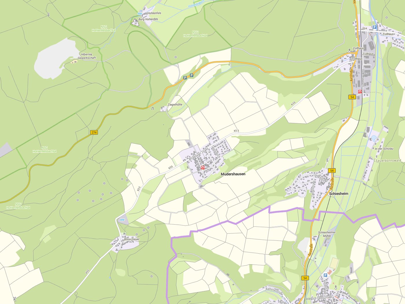 Kartenausschnitt Mudershausen mit Gewässern