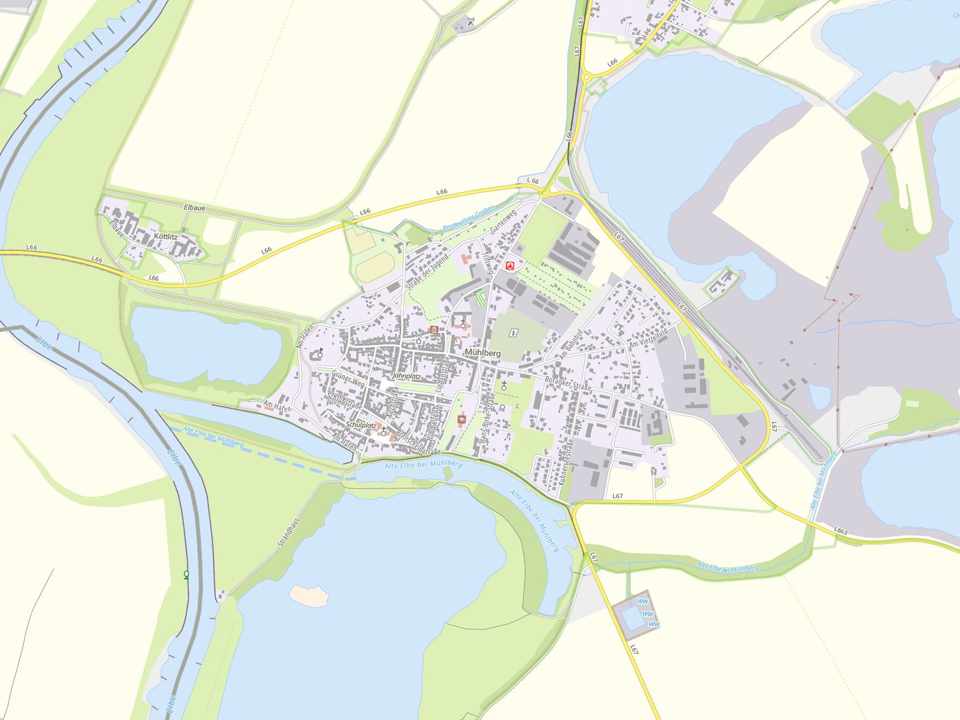 Kartenausschnitt Mühlberg/Elbe mit Gewässern
