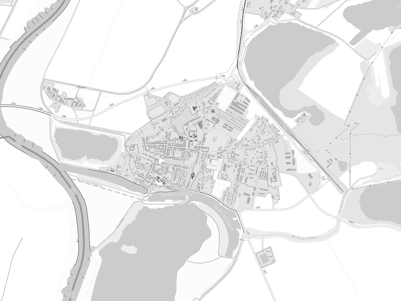 Kartenausschnitt Mühlberg/Elbe mit Gewässern