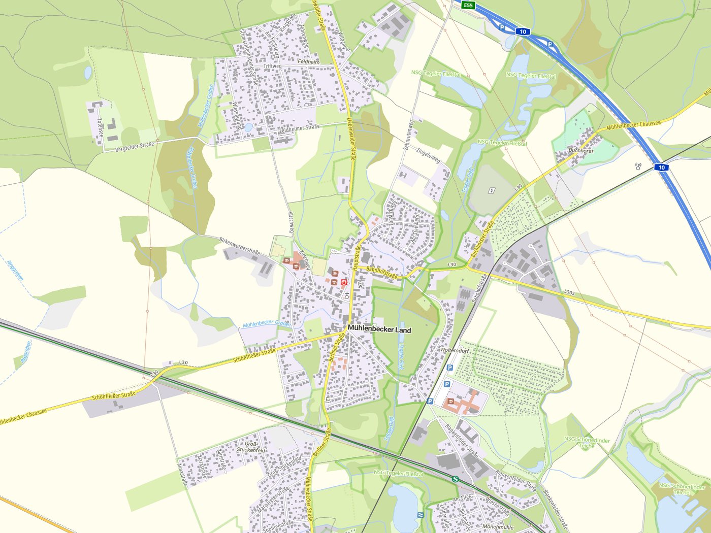 Kartenausschnitt Mühlenbecker Land mit Gewässern