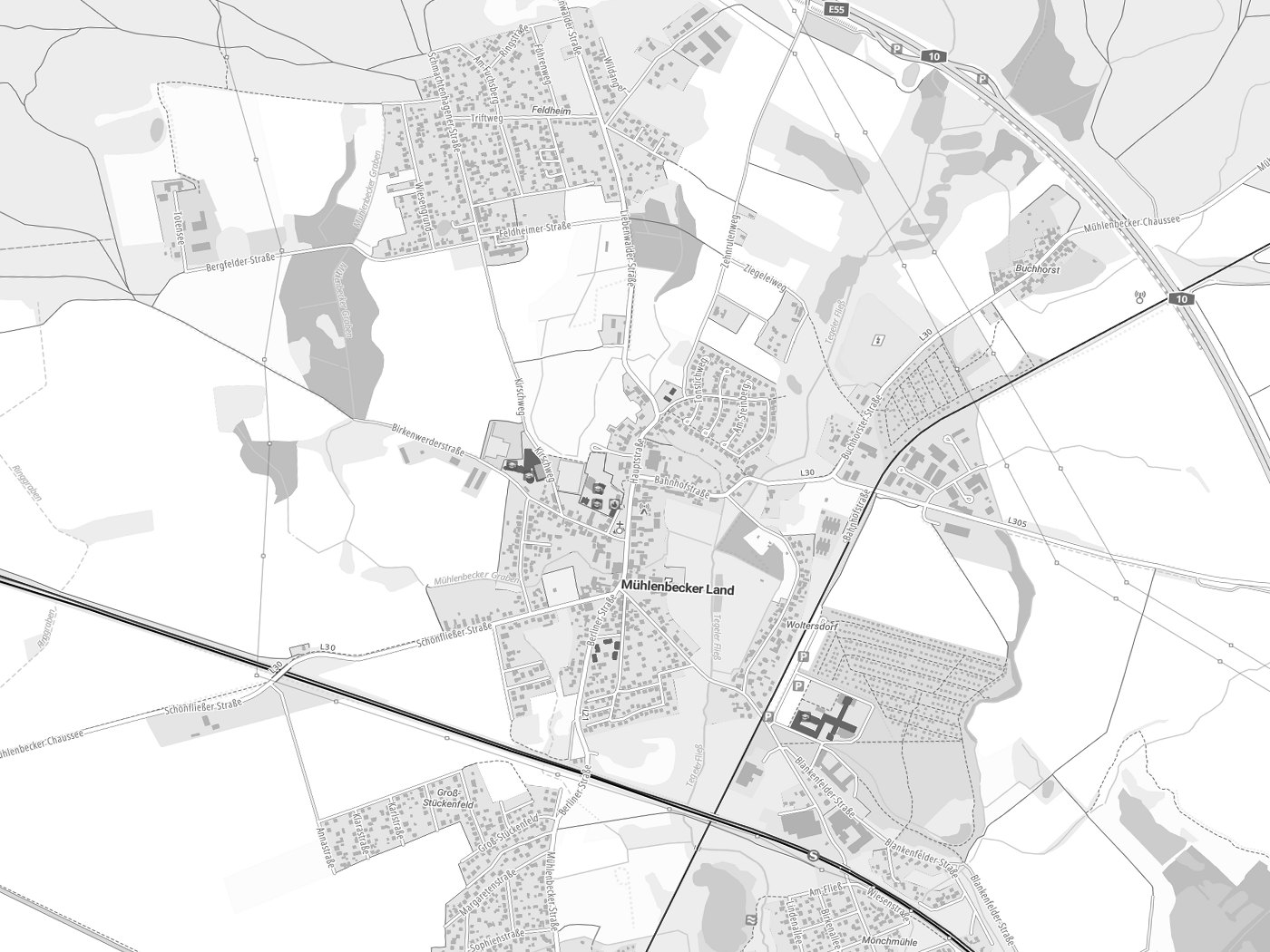 Kartenausschnitt Mühlenbecker Land mit Gewässern